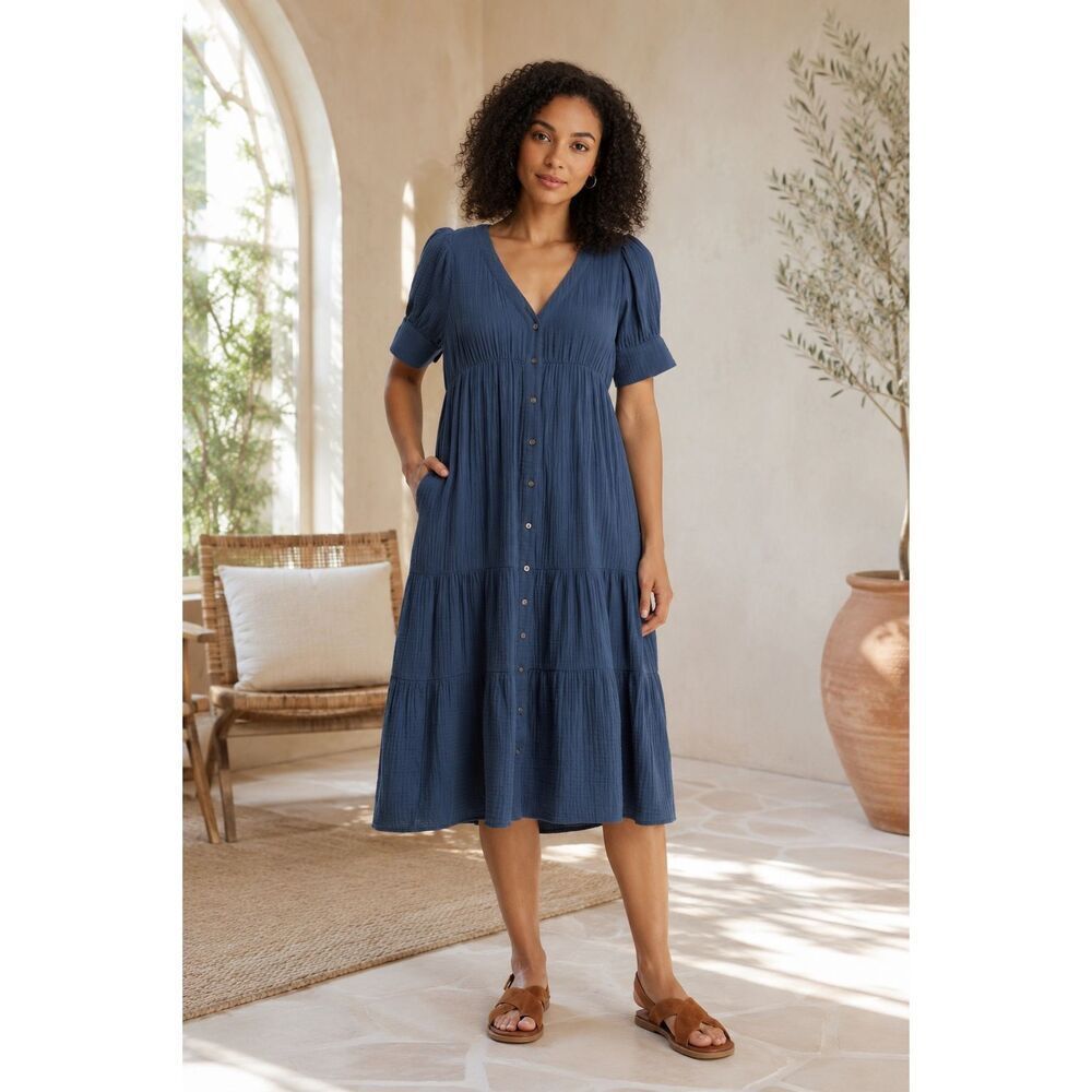 Madewell Lightspun Tiered Button Front Midi Dress Size 2